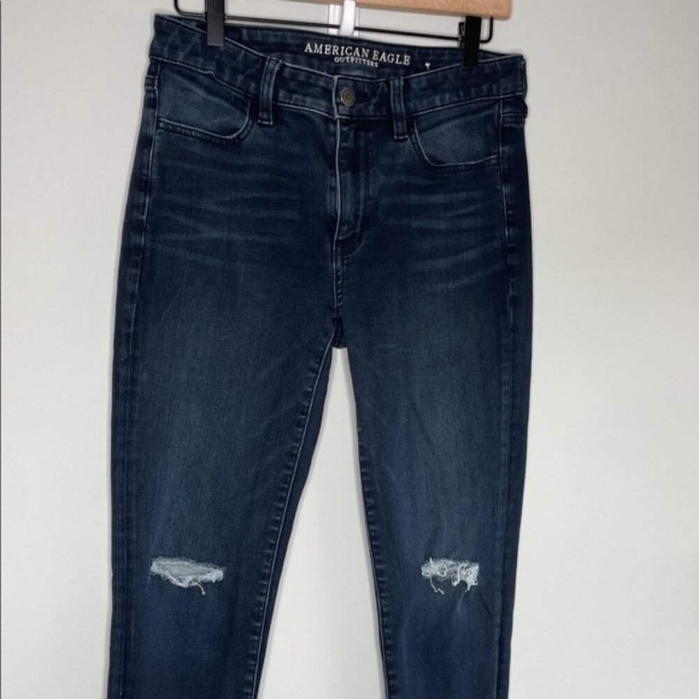 American Eagle Outfitters Women's Distressed Dark Blue Skinny Jeans - Picture 2 of 12